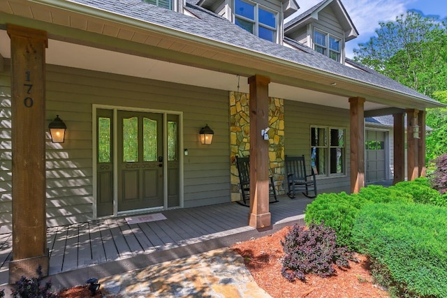 view of exterior entry with covered porch and roof with shingles