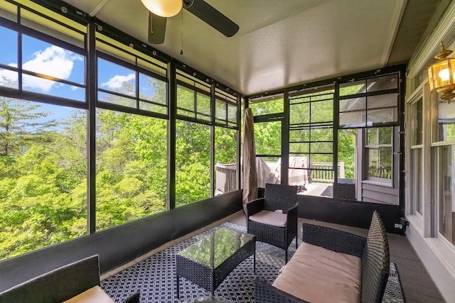 sunroom / solarium featuring ceiling fan and outdoor lounge area