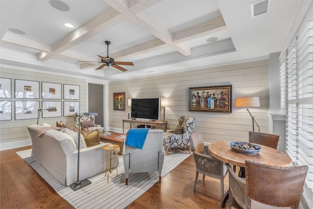 living room featuring coffered ceiling, ceiling fan, and dark hardwood / wood-style flooring