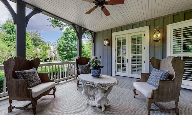 view of patio / terrace with french doors and ceiling fan