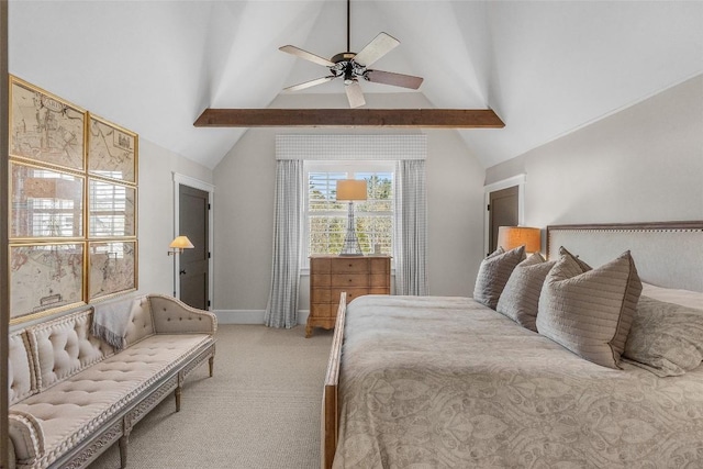 carpeted bedroom featuring vaulted ceiling with beams and ceiling fan