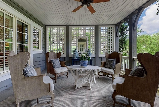 sunroom / solarium with ceiling fan and wood ceiling