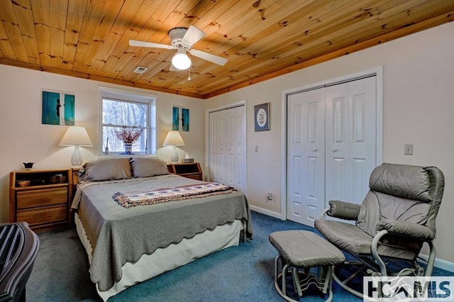 bedroom with two closets, ceiling fan, dark carpet, visible vents, and wooden ceiling
