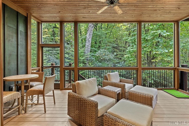 sunroom with ceiling fan and wood ceiling