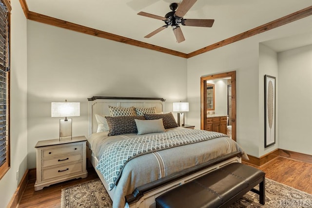 bedroom with ceiling fan, ensuite bathroom, light hardwood / wood-style flooring, and ornamental molding