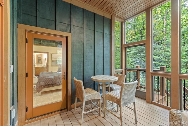 sunroom / solarium featuring wood ceiling