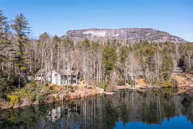 mountain view with a water view and a wooded view
