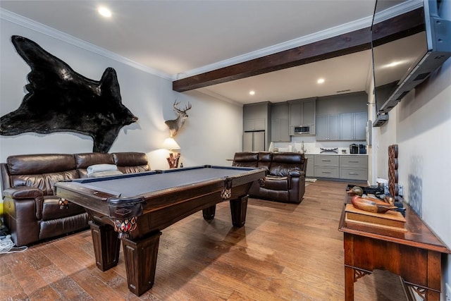 game room with recessed lighting, pool table, ornamental molding, light wood finished floors, and beamed ceiling