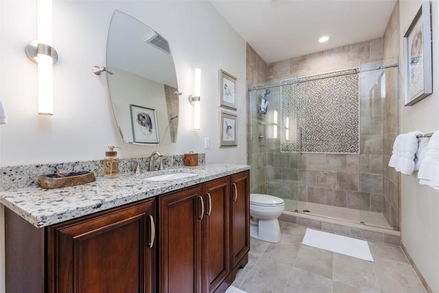 bathroom featuring visible vents, toilet, a stall shower, vanity, and tile patterned flooring