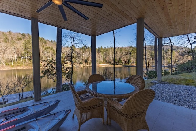 exterior space featuring a water view, wooden ceiling, and a healthy amount of sunlight