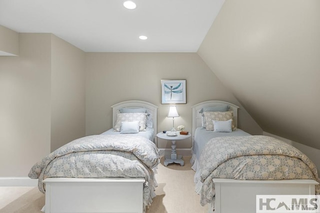 bedroom with carpet, recessed lighting, baseboards, and vaulted ceiling