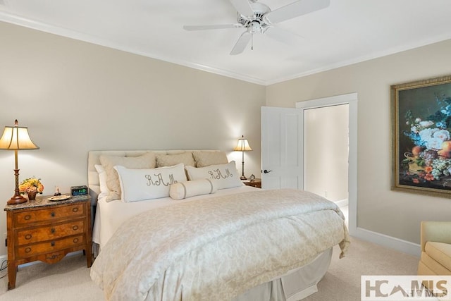 bedroom with light colored carpet, crown molding, baseboards, and ceiling fan