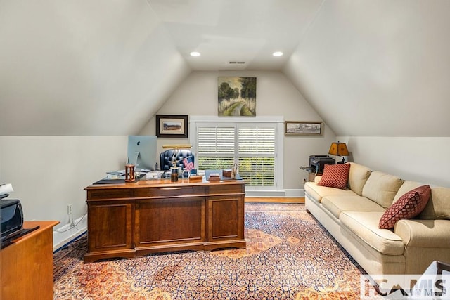 home office with baseboards, vaulted ceiling, recessed lighting, and light wood-style floors