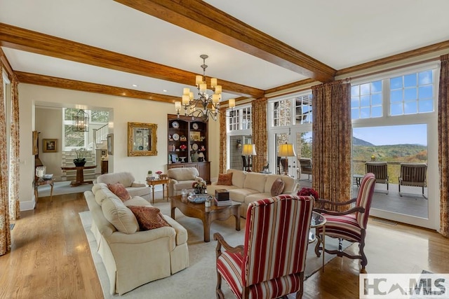 living room with a chandelier, beam ceiling, wood finished floors, baseboards, and recessed lighting