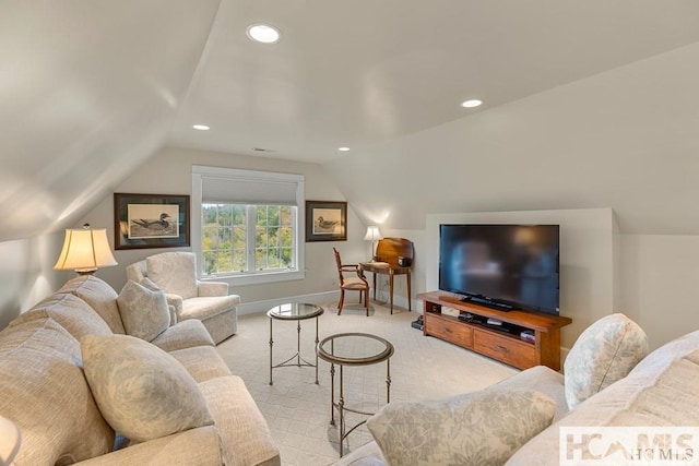 living area with carpet floors, vaulted ceiling, baseboards, and recessed lighting