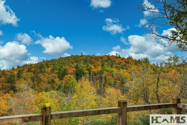 view of mountain backdrop featuring a forest