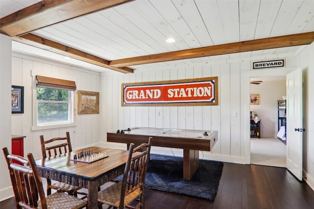665 Trays Island Rd, Sapphire, NC 28774 - dining room featuring dark wood-style floors, wood ceiling with exposed beams, baseboards, and recessed lighting