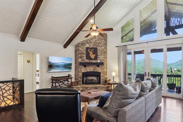 665 Trays Island Rd, Sapphire, NC 28774 - living area with beamed ceiling, dark wood-style floors, a stone fireplace, ceiling fan, and high vaulted ceiling