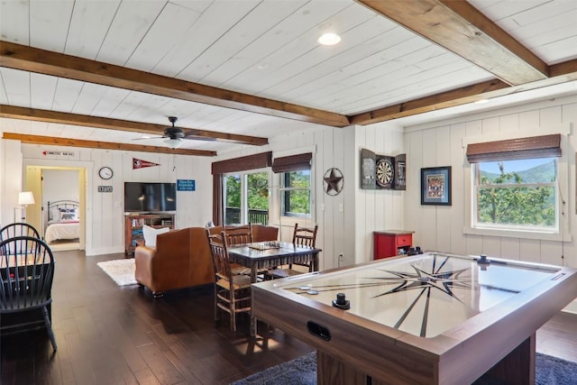 665 Trays Island Rd, Sapphire, NC 28774 - recreation room with dark wood finished floors, ceiling fan, wood ceiling with exposed beams, and wooden walls