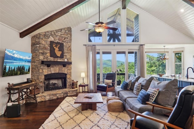 665 Trays Island Rd, Sapphire, NC 28774 - living room with high vaulted ceiling, wood-type flooring, a ceiling fan, wood ceiling with exposed beams, and a fireplace