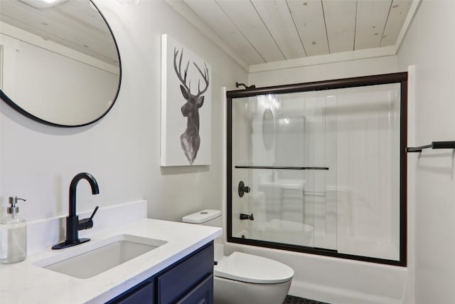 665 Trays Island Rd, Sapphire, NC 28774 - bathroom featuring vanity, enclosed tub / shower combo, toilet, and wood ceiling