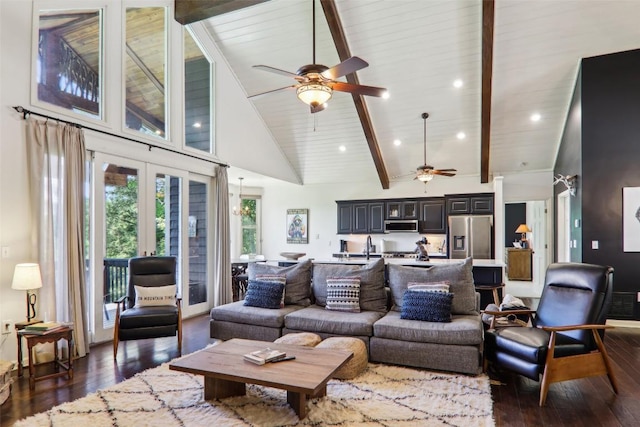 665 Trays Island Rd, Sapphire, NC 28774 - living area featuring ceiling fan, dark wood-type flooring, high vaulted ceiling, wooden ceiling with exposed beams, and french doors