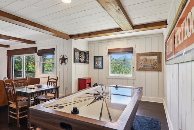 665 Trays Island Rd, Sapphire, NC 28774 - game room featuring dark wood-style flooring, beam ceiling, baseboards, and wood walls