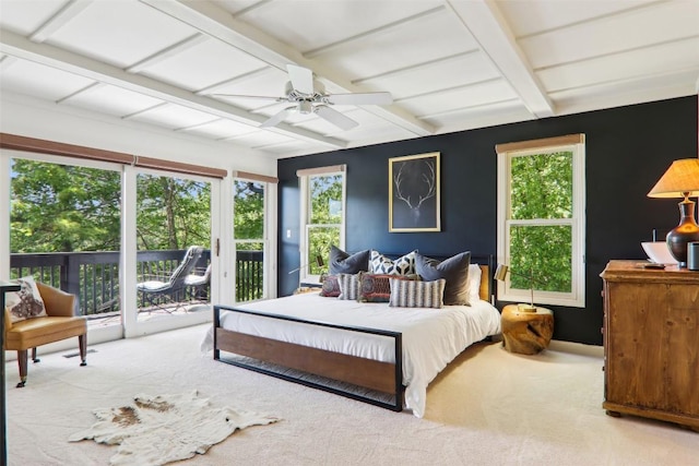 665 Trays Island Rd, Sapphire, NC 28774 - bedroom with access to outside, beamed ceiling, carpet floors, and ceiling fan