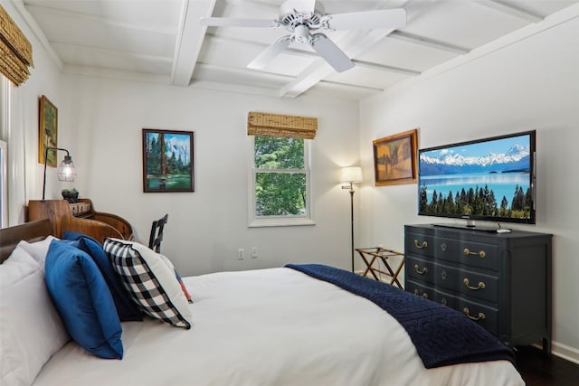 665 Trays Island Rd, Sapphire, NC 28774 - bedroom with coffered ceiling, beam ceiling, a ceiling fan, and wood finished floors