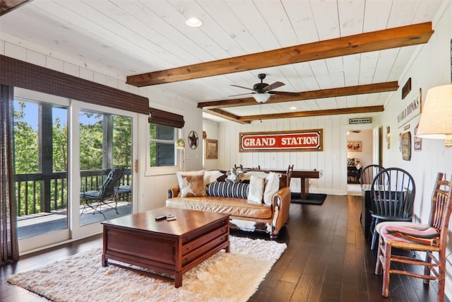665 Trays Island Rd, Sapphire, NC 28774 - living area featuring dark wood-style flooring, a ceiling fan, wooden ceiling with exposed beams, and wooden walls