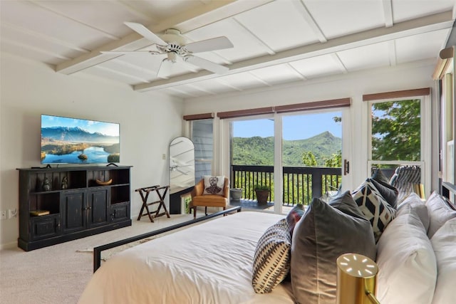 665 Trays Island Rd, Sapphire, NC 28774 - carpeted bedroom featuring access to exterior, beamed ceiling, a mountain view, and ceiling fan