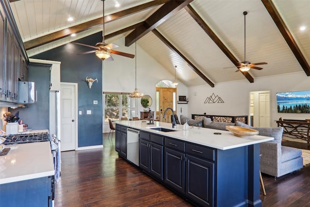 665 Trays Island Rd, Sapphire, NC 28774 - kitchen featuring a ceiling fan, stainless steel dishwasher, open floor plan, dark wood-type flooring, and high vaulted ceiling