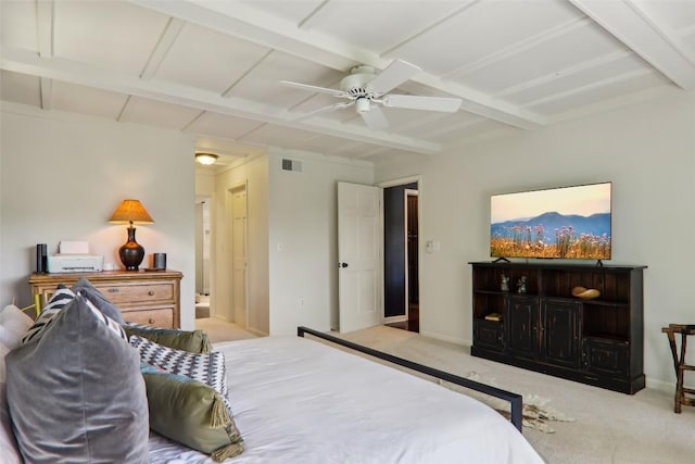 665 Trays Island Rd, Sapphire, NC 28774 - bedroom with carpet, beamed ceiling, baseboards, and a ceiling fan