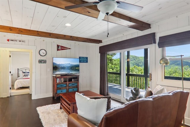 665 Trays Island Rd, Sapphire, NC 28774 - living room featuring dark wood-style floors, ceiling fan, and wood ceiling with exposed beams