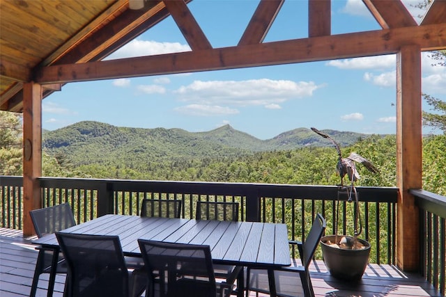 665 Trays Island Rd, Sapphire, NC 28774 - deck featuring a mountain view, a forest view, and outdoor dining area