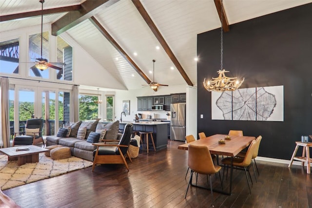 665 Trays Island Rd, Sapphire, NC 28774 - living area with ceiling fan, a chandelier, high vaulted ceiling, dark wood-style flooring, and beam ceiling