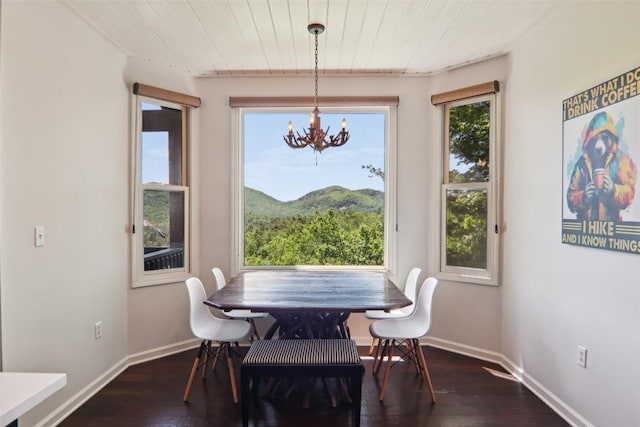 665 Trays Island Rd, Sapphire, NC 28774 - dining area with a chandelier, wooden ceiling, dark wood-type flooring, and baseboards
