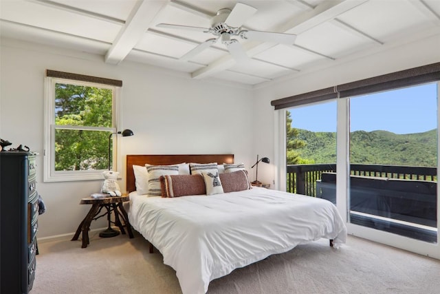 665 Trays Island Rd, Sapphire, NC 28774 - bedroom featuring coffered ceiling, access to outside, multiple windows, light carpet, and beamed ceiling