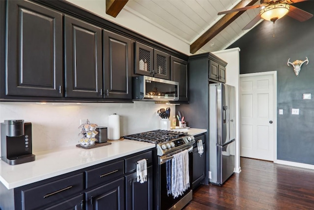 665 Trays Island Rd, Sapphire, NC 28774 - kitchen featuring stainless steel appliances, dark wood-type flooring, wooden ceiling, ceiling fan, and light countertops