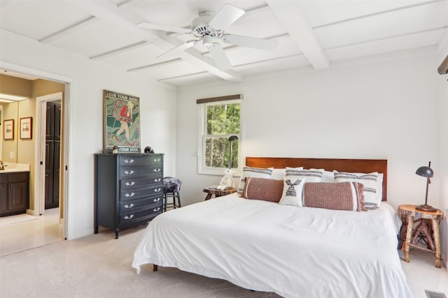 665 Trays Island Rd, Sapphire, NC 28774 - bedroom featuring beamed ceiling, coffered ceiling, light carpet, a ceiling fan, and ensuite bathroom