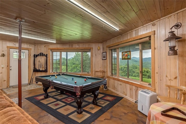 267 Hero Ln, Glenville, NC 28736 - game room with wood ceiling, concrete floors, wooden walls, and billiards table