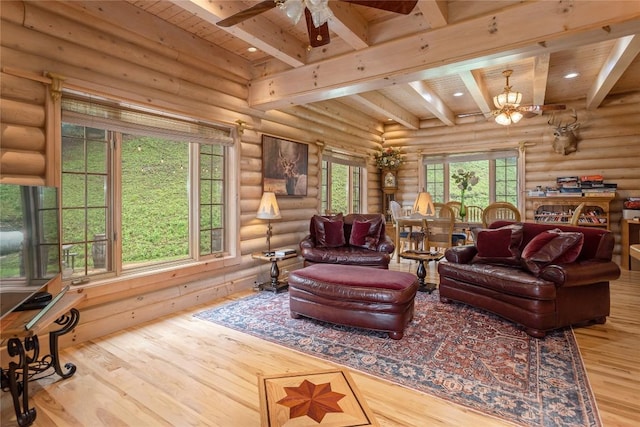 267 Hero Ln, Glenville, NC 28736 - living room with wood finished floors, rustic walls, a wooden ceiling with exposed beams, a chandelier, and ceiling fan