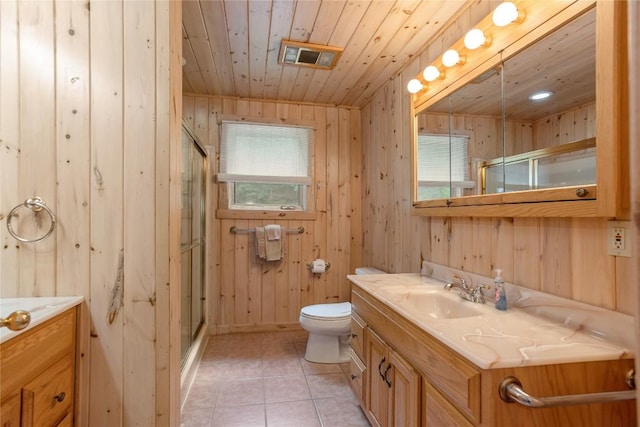 267 Hero Ln, Glenville, NC 28736 - full bath featuring wooden walls, a stall shower, vanity, wooden ceiling, and tile patterned floors