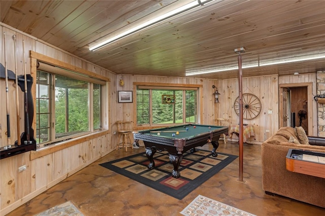 267 Hero Ln, Glenville, NC 28736 - recreation room featuring billiards table, wood walls, wooden ceiling, and concrete flooring