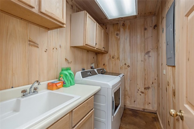 267 Hero Ln, Glenville, NC 28736 - washroom featuring washer and dryer, cabinet space, wooden walls, and electric panel
