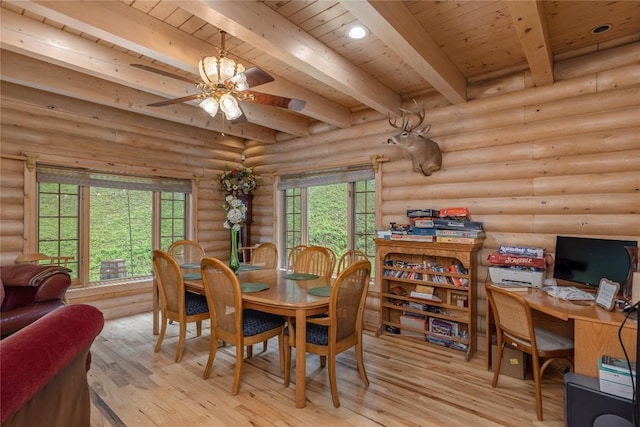 267 Hero Ln, Glenville, NC 28736 - dining area featuring light wood-type flooring, a ceiling fan, a wooden ceiling with exposed beams, rustic walls, and a desk