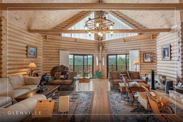 267 Hero Ln, Glenville, NC 28736 - living area featuring a towering ceiling, hardwood / wood-style floors, rustic walls, a chandelier, and beamed ceiling