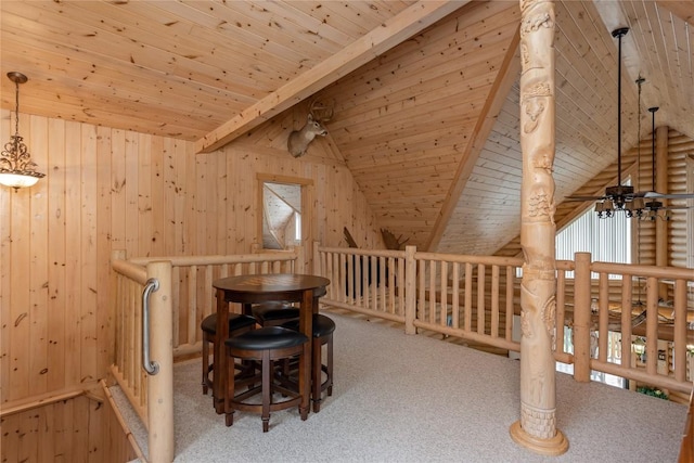 267 Hero Ln, Glenville, NC 28736 - unfurnished dining area featuring carpet, wooden walls, and wooden ceiling