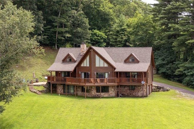 267 Hero Ln, Glenville, NC 28736 - rear view of property featuring a yard, stone siding, log siding, and a chimney