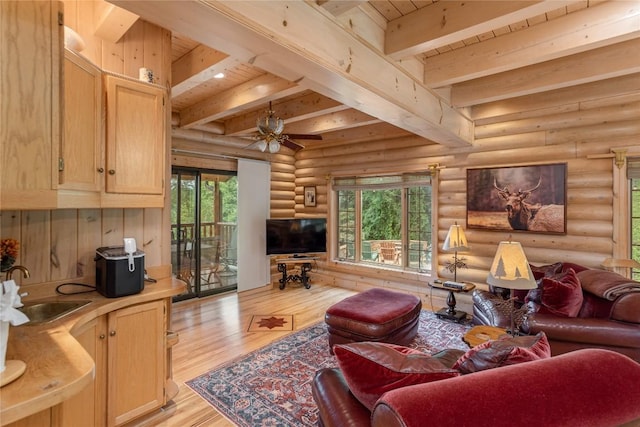 267 Hero Ln, Glenville, NC 28736 - living room featuring rustic walls, light wood finished floors, healthy amount of natural light, a wooden ceiling with exposed beams, and a ceiling fan